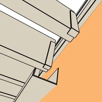 Représentation en 3D : chéneau beige sable RAL 7044 sous les lames et mécanisme SUNDIY en aluminium